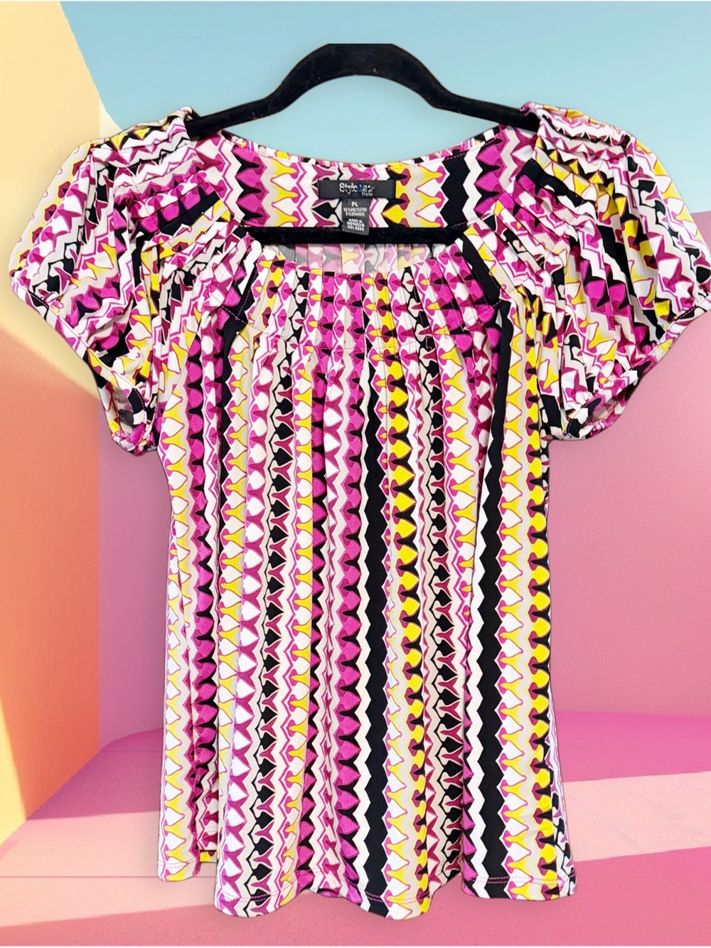 Style & Co. Pink & Yellow Geometric Print with Puff-Sleeve Blouse size PL